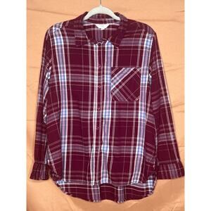 Women's Time & Tru Burgundy/Blue Soft Long Sleeve Flannel Shirt, Sz L, NWOT